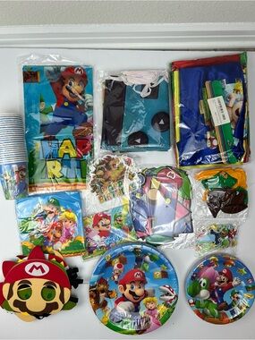 Super Mario Birthday Party Supplies Kit 137 Pc Plates Banner Backdrop Favors NEW
